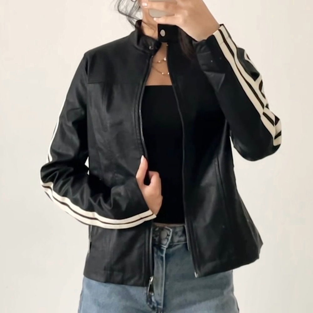 MOTEL X JACQUIE faux leather striped biker jacket